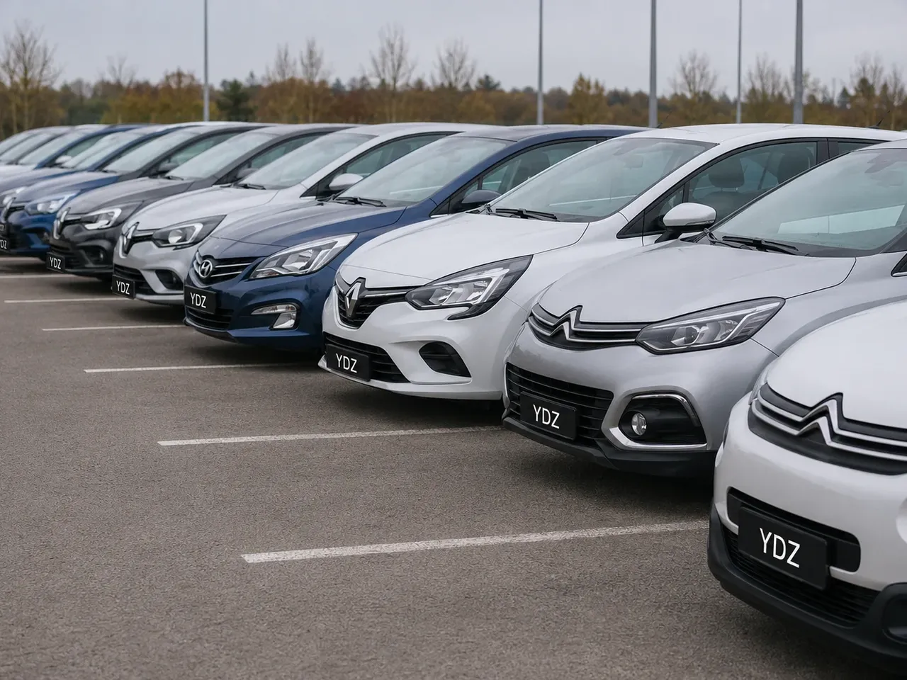Otoparkta sıralanmış YDZ kiralık araçları